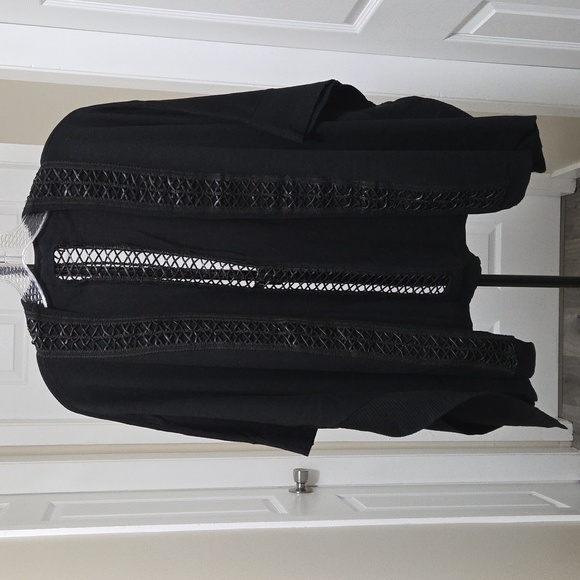 Black Oversized Kimono Cardigan | Open Front Crochet Trim Boho Layering Piece - Picture 2 of 9